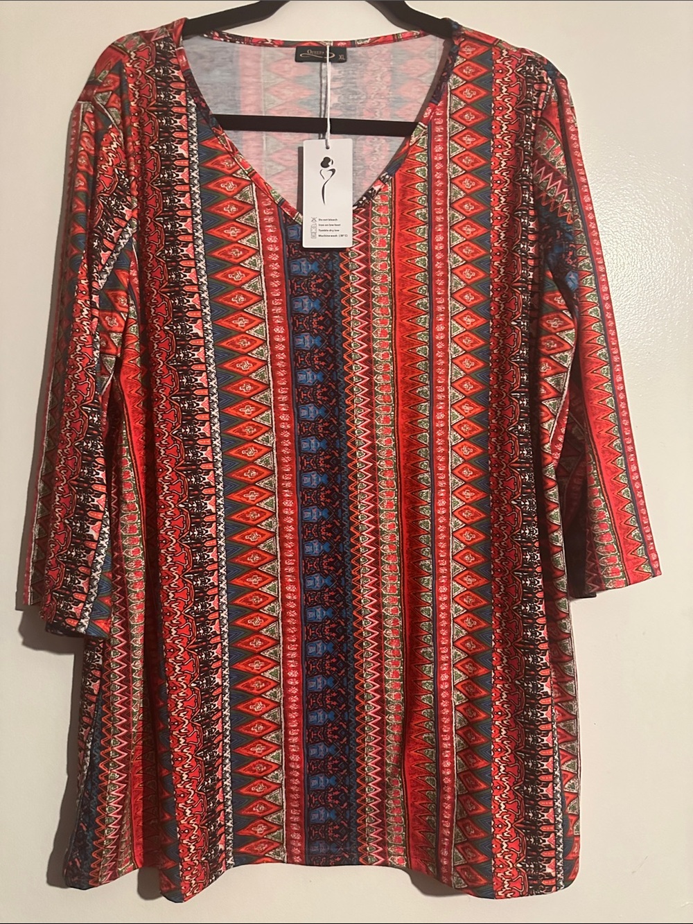 Red Multi-Pattern V-Neck Tunic Top